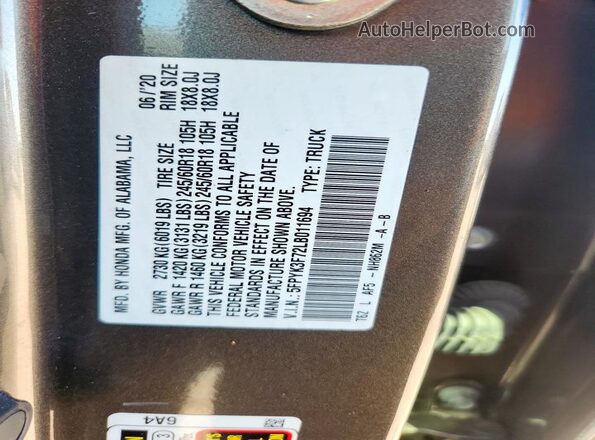 5FPYK3F72LB011694 2020 HONDA RIDGELINE Brown Engine compartment view