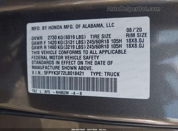5FPYK3F72LB018421 2020 HONDA RIDGELINE Gray Vista del compartimento del motor