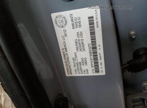5FPYK3F73NB503279 2022 HONDA RIDGELINE Blue VIN sticker view