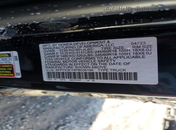 5FPYK3F74PB036196 2023 HONDA RIDGELINE Black Vista del compartimento del motor