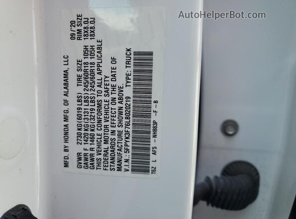 5FPYK3F76LB020219 2020 HONDA RIDGELINE White VIN კოდის სტიკერის ხედი