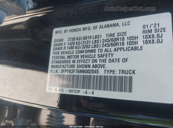 5FPYK3F76MB002045 2021 HONDA RIDGELINE Black ძრავის განყოფილების ხედი
