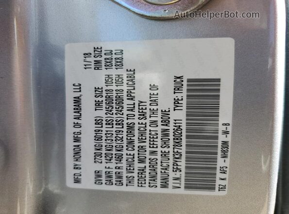 5FPYK3F78KB026411 2019 HONDA RIDGELINE Silver Engine compartment view