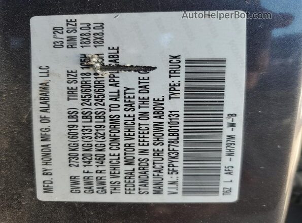 5FPYK3F78LB010131 2020 HONDA RIDGELINE Gray Շարժիչի բաժամունքի տեսք