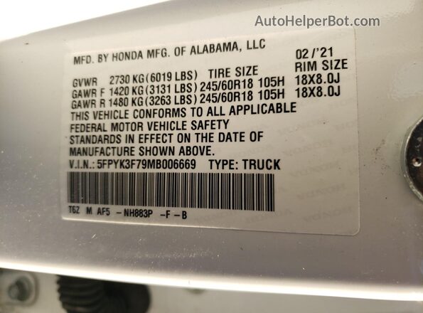 5FPYK3F79MB006669 2021 HONDA RIDGELINE White Engine compartment view