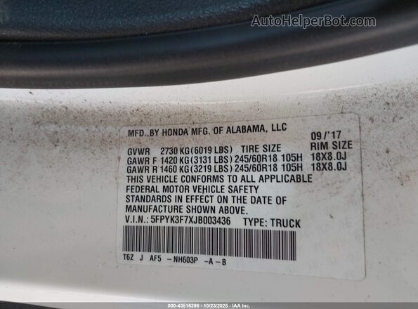 5FPYK3F7XJB003436 2018 HONDA RIDGELINE White Widok komory silnika