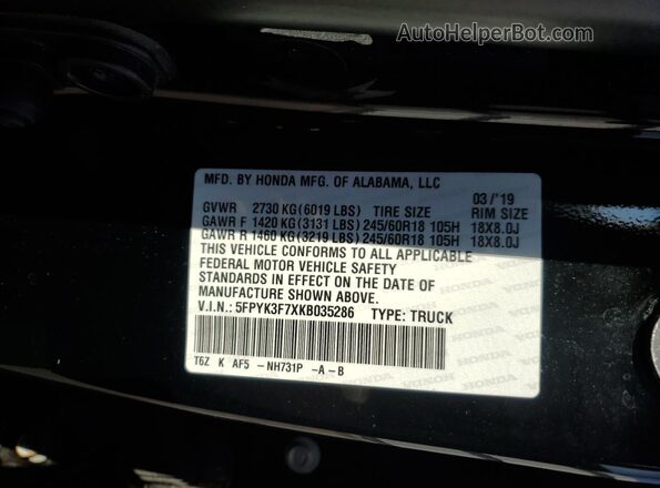 5FPYK3F7XKB035286 2019 HONDA RIDGELINE Black ძრავის განყოფილების ხედი