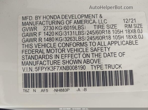 5FPYK3F7XNB008190 2022 HONDA RIDGELINE White Vista del compartimento del motor