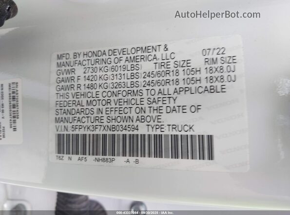 5FPYK3F7XNB034594 2022 HONDA RIDGELINE White ძრავის განყოფილების ხედი