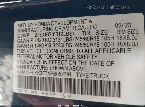 5FPYK3F7XPB052791 2023 HONDA RIDGELINE Black Вид підкапотного простору
