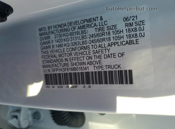 5FPYK3F81MB018341 2021 HONDA RIDGELINE White Շարժիչի բաժամունքի տեսք