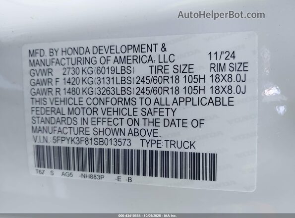 5FPYK3F81SB013573 2025 HONDA RIDGELINE Белый Вид подкапотного пространства