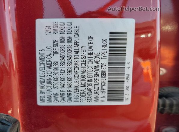 5FPYK3F81SB018725 2025 HONDA RIDGELINE Red VIN კოდის სტიკერის ხედი