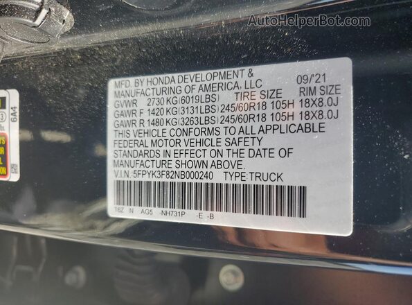 5FPYK3F82NB000240 2022 HONDA RIDGELINE Черный Вид наклейки с VIN-кодом