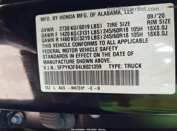 5FPYK3F84LB021359 2020 HONDA RIDGELINE Black ძრავის განყოფილების ხედი