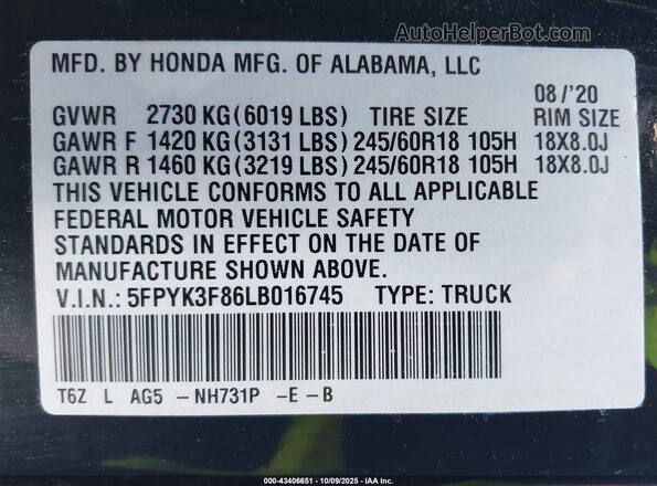 5FPYK3F86LB016745 2020 HONDA RIDGELINE Black Vista del compartimento del motor