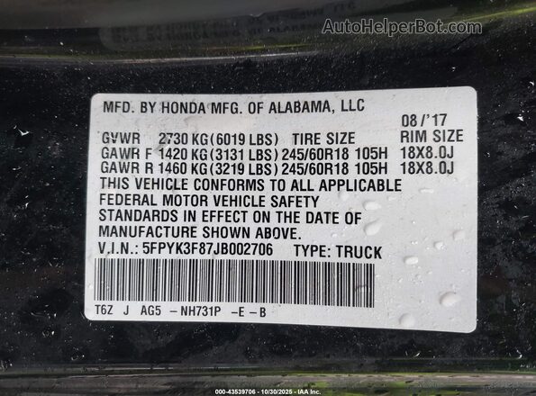 5FPYK3F87JB002706 2018 HONDA RIDGELINE Black 