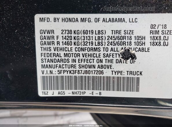 5FPYK3F87JB017206 2018 HONDA RIDGELINE Черный Вид подкапотного пространства