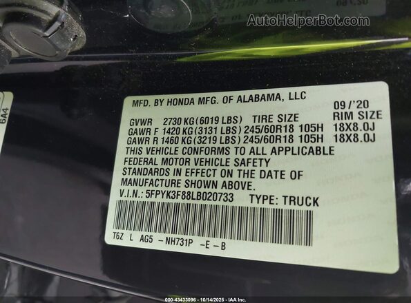 5FPYK3F88LB020733 2020 HONDA RIDGELINE Black Vista del compartimento del motor