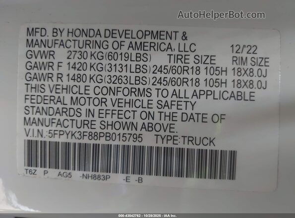 5FPYK3F88PB015795 2023 HONDA RIDGELINE White Вид підкапотного простору
