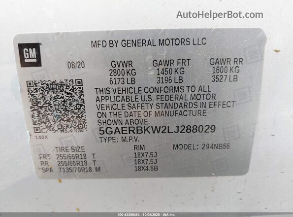 5GAERBKW2LJ288029 2020 BUICK ENCLAVE White Engine compartment view