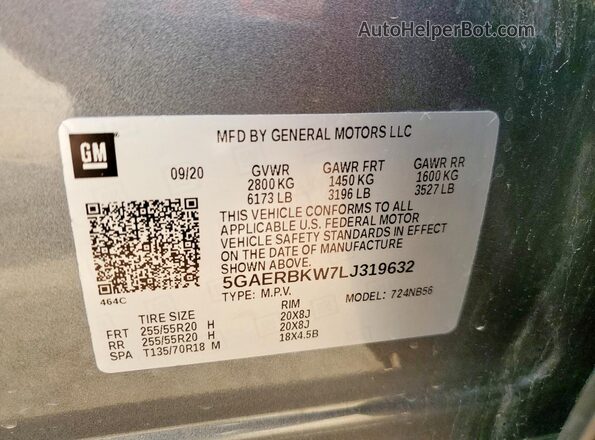 5GAERBKW7LJ319632 2020 BUICK ENCLAVE Gray VIN sticker view