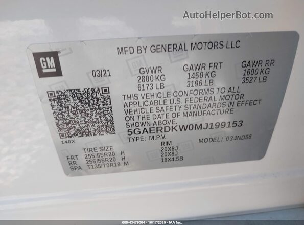 5GAERDKW0MJ199153 2021 BUICK ENCLAVE White Շարժիչի բաժամունքի տեսք