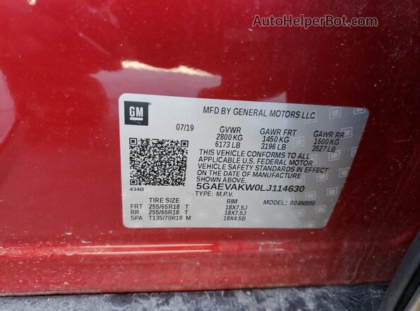 5GAEVAKW0LJ114630 2020 BUICK ENCLAVE Red 360 interior view