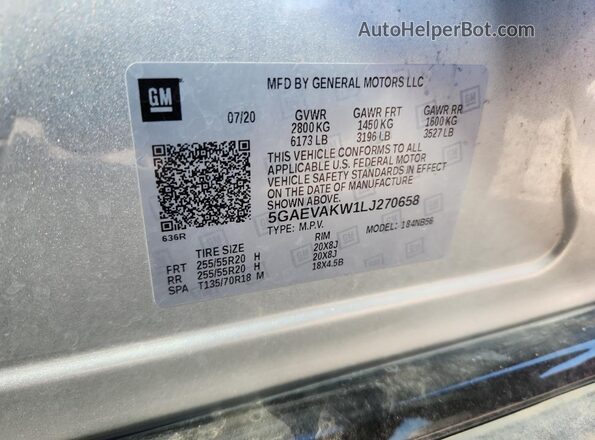 5GAEVAKW1LJ270658 2020 BUICK ENCLAVE Silver Widok naklejki z numerem VIN