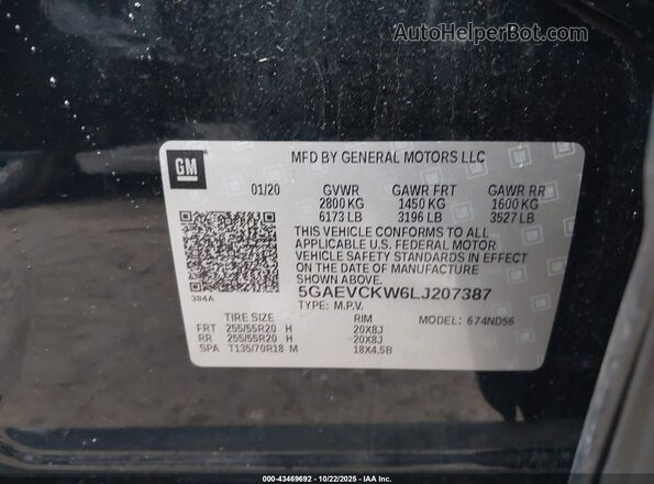 5GAEVCKW6LJ207387 2020 BUICK ENCLAVE Black ძრავის განყოფილების ხედი
