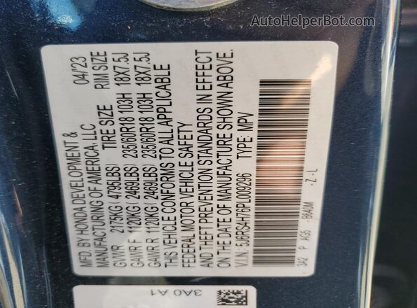5J6RS4H76PL009296 2023 HONDA CR-V Синий Вид наклейки с VIN-кодом