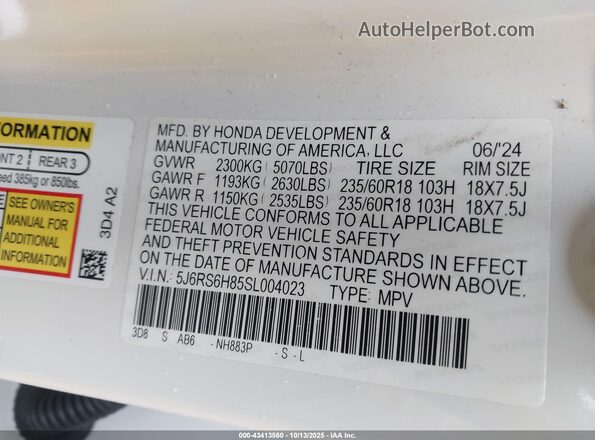 5J6RS6H85SL004023 2025 HONDA CR-V HYBRID White 