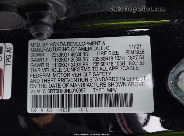 5J6RT6H89NL010957 2022 HONDA CR-V Black Engine compartment view