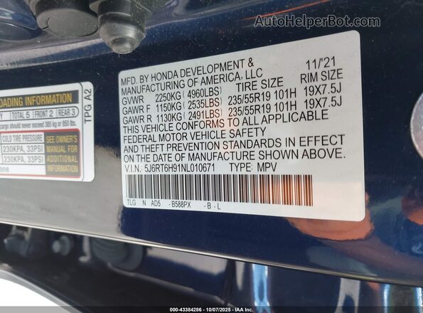 5J6RT6H91NL010671 2022 HONDA CR-V HYBRID Blue ძრავის განყოფილების ხედი