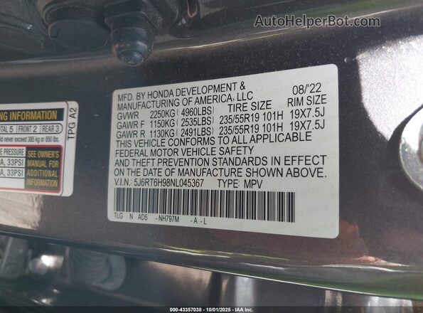 5J6RT6H98NL045367 2022 HONDA CR-V HYBRID Gray 