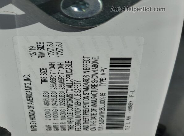 5J6RW1H25LL000915 2020 HONDA CR-V White Vista de la etiqueta del VIN