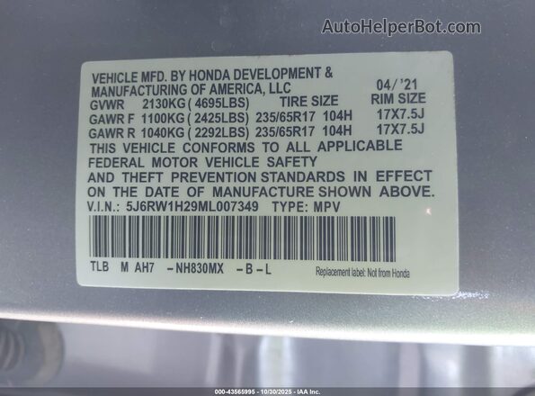 5J6RW1H29ML007349 2021 HONDA CR-V Silver Շարժիչի բաժամունքի տեսք