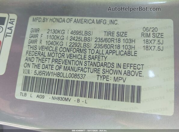5J6RW1H80LL008537 2020 HONDA CR-V Gray Вид підкапотного простору