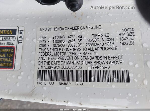 5J6RW2H56LA020165 2020 HONDA CR-V White Engine compartment view