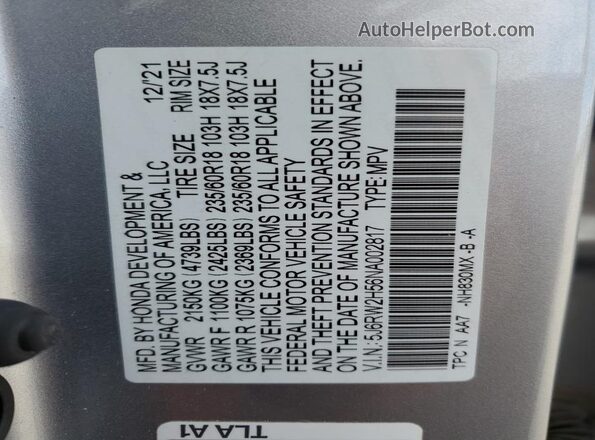 5J6RW2H56NA002817 2022 HONDA CR-V Silver 
