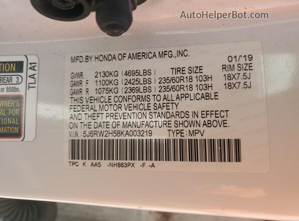 5J6RW2H58KA003219 2019 HONDA CR-V White VIN sticker view