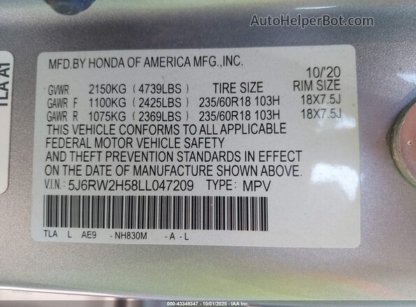 5J6RW2H58LL047209 2020 HONDA CR-V Silver ძრავის განყოფილების ხედი