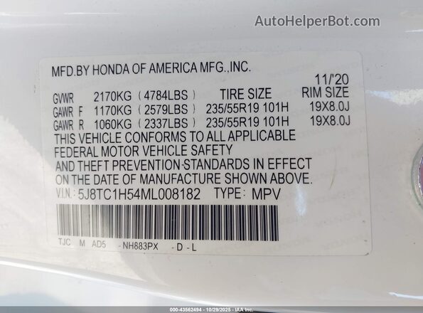5J8TC1H54ML008182 2021 ACURA RDX Белый Вид подкапотного пространства