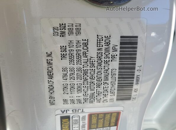 5J8TC1H57LL019773 2020 ACURA RDX White VIN კოდის სტიკერის ხედი