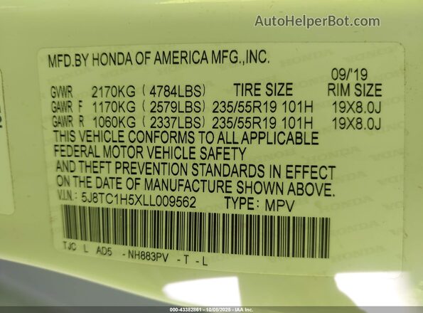 5J8TC1H5XLL009562 2020 ACURA RDX White Engine compartment view