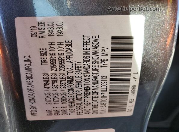 5J8TC1H71LL009113 2020 ACURA RDX Gray VIN sticker view