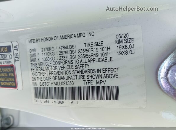 5J8TC1H74LL021353 2020 ACURA RDX White Շարժիչի բաժամունքի տեսք