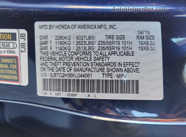5J8TC2H35KL044061 2019 ACURA RDX Blue Vista de la etiqueta del VIN