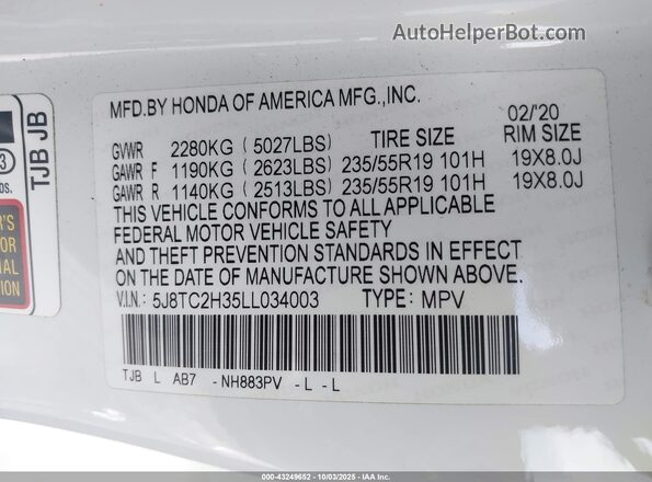 5J8TC2H35LL034003 2020 ACURA RDX White Շարժիչի բաժամունքի տեսք