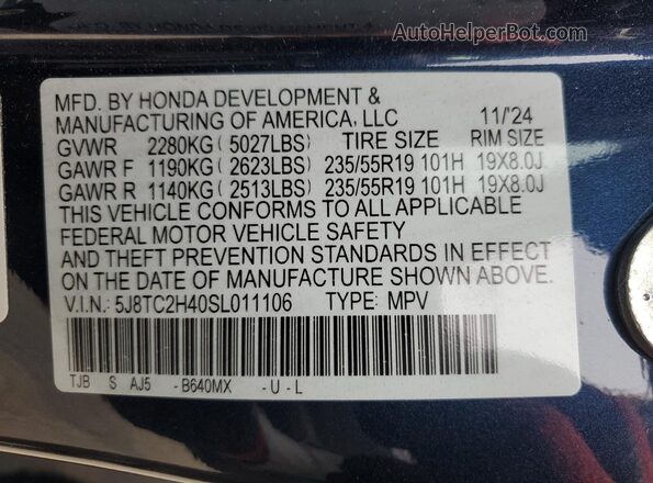 5J8TC2H40SL011106 2025 ACURA RDX Blue Widok wnętrza 360 stopni